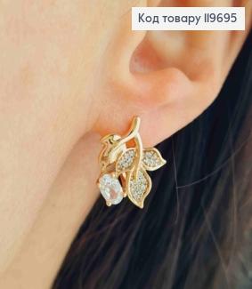 Серьги "Кленовый Листочек" с Блестящим камнем, дл. 1,7см, англ. застежка, Xuping 18К 119695 фото