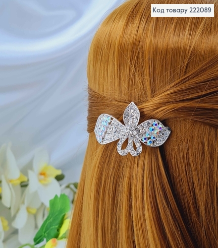 Заколка автомат металл 6*3см Бантик в камешках серебряного цвета 222089 фото 3