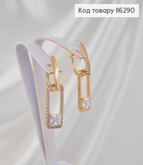 Серьги "Нелли" (ассиметр.), в камнях и большим прямоугольным камешком, 3,3см, англ. зам. Xuping 18K 116290 фото