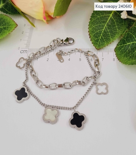 Браслет серебряного цвета "Van Cleef" с цепочкой и эмальлькой, 17+3см сталь Stainless Steel 250027 фото 2