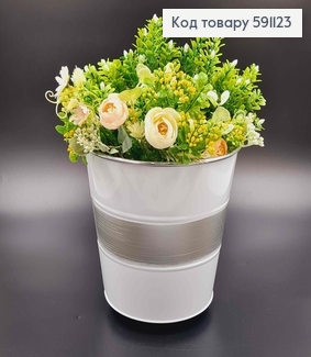 Відерце-кашпо, метал, білого кольору з сірою лінією, висота 19см, Польща 591123 фото