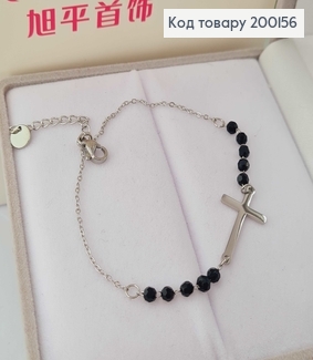 Браслет родированый, с крестиком и черными камнями, 17+4смXuping 200156 фото