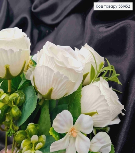 Искусственная композиция Розы с Жасмином, БЕЛОГО цвета, 7 веточек на металлическом стержне, высота 33см. 551452 фото 2