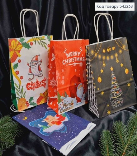 Пакет крафтовый Новогодний "Merry Christmas" в ассортименте, 22*16*8см 543238 фото 1