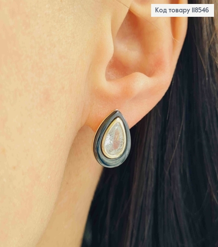 Сережки "Краплинки" прикрашені Чорною емаллю та Блискучим каменем, 1,5см, англ. застібка,Xuping 18К 118546 фото 3