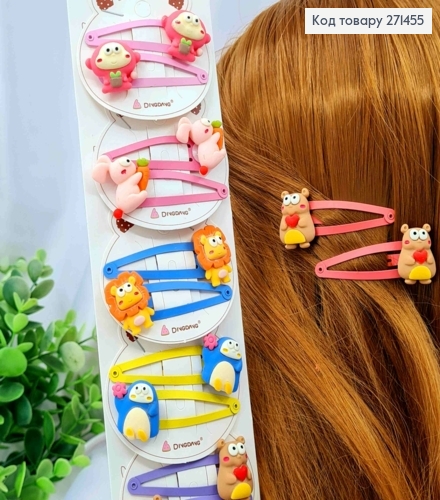 Набір заколок Тік-так (20шт), веселі ЗВІРЯТКА, Яскраві кольори, заколка 5см, звірята 1,5*2см 271455 фото 1