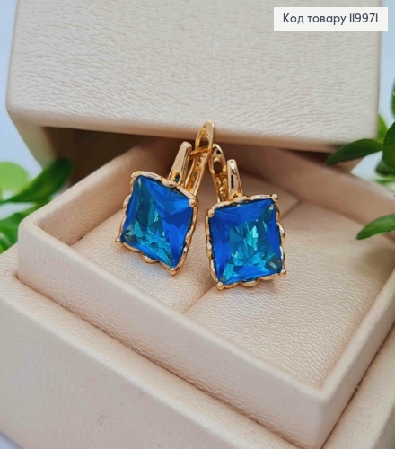 Сережки з квадратним Вишукно-Блакитним каменем, довж. 1,5см, англійська застібка, Xuping 18K 119971 фото 1