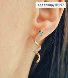 Серьги "Змея" в Блестящих камнях и Зелеными глазами, 2,7см, английская застежка, Xuping 18К 118697 фото