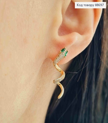 Серьги "Змея" в Блестящих камнях и Зелеными глазами, 2,7см, английская застежка, Xuping 18К 118697 фото 1