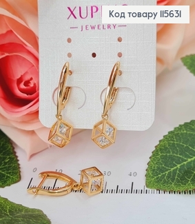 Серьги "Загадочный куб" 3см, с подвеской кубиком с камешком, англ. зам. Xuping 18K 115631 фото