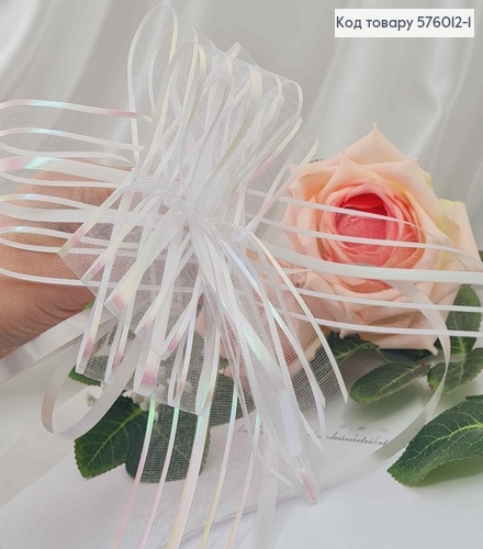 Бант-затяжка для подарков(10шт), Белого цвета(голографический), шир. 5см, в сложенном виде 16см. 576012-1 фото 1