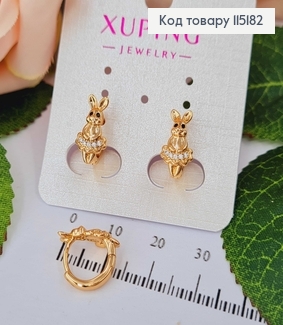 Сережки кільця з зайчиками, з камінцями, 1,5см Xuping 18K 115182 фото