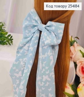 Заколка(7,5см) Бант (15*35см) БІРЮЗОВИЙ, софт, принт "МЕТЕЛИКИ", софт, ручна робота, Україна 254184 фото