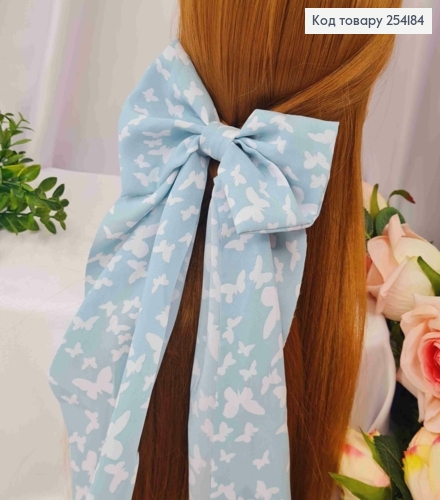 Заколка(7,5см) Бант (15*35см) БИРЮЗОВЫЙ, софт, принт "БАБОЧКИ", софт, ручная работа, Украина 254184 фото 1