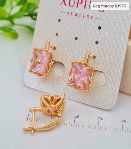 Серьги с квадратным изысканно-розовым камнем, дл. 1,5см, английская застежка, Xuping 18K 119970 фото 1