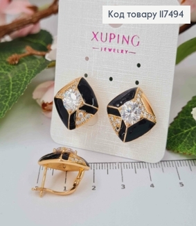 Серьги "Ретро" с черной эмалью и блестящими камешками, 1,8см, англ. застежка, Xuping 18К 117494 фото