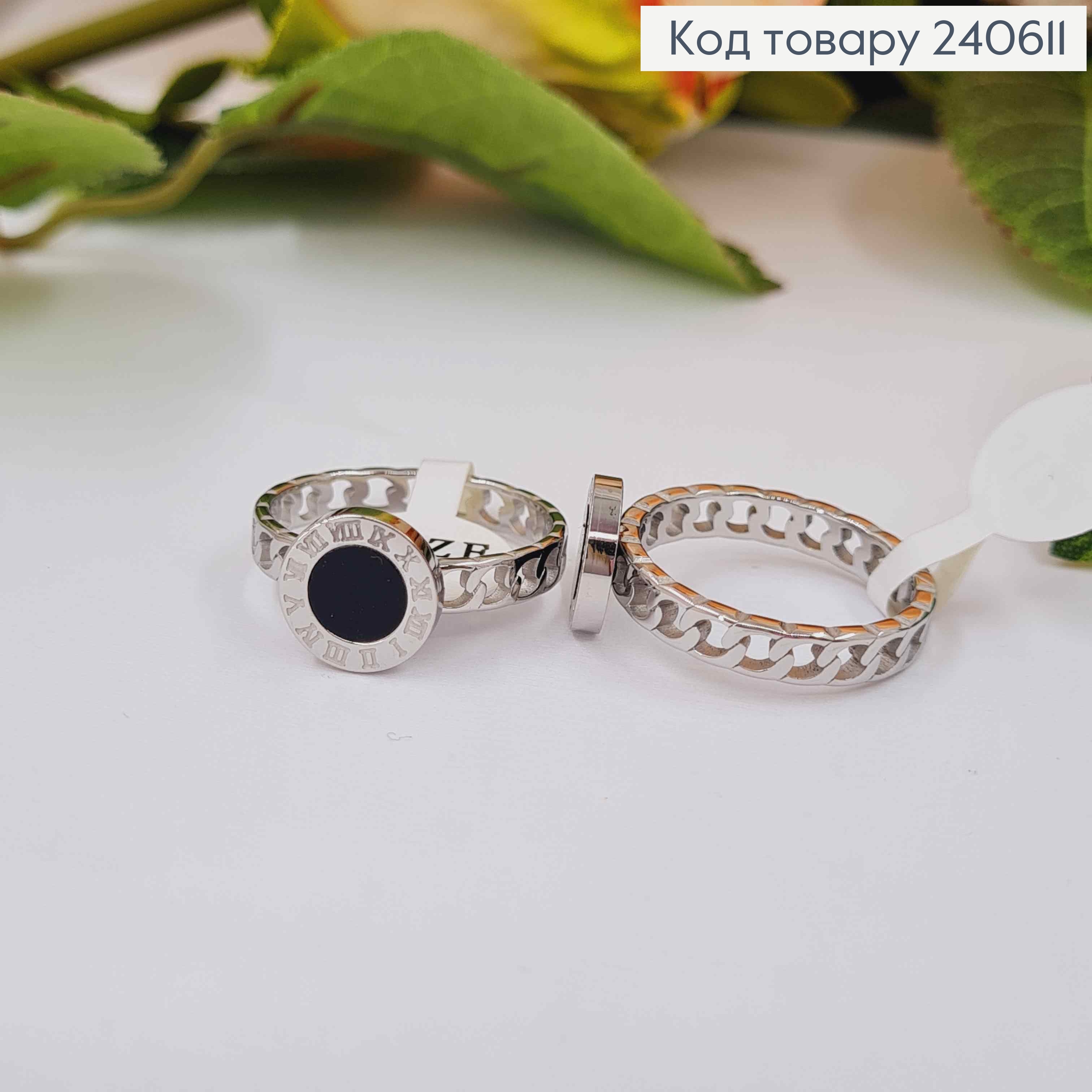 Кольцо серебряного цвета, Римские часы с черной эмалью, сталь Stainless Steel 270015 фото 1