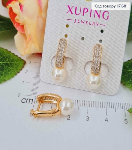 Серьги в камешках с жемчужкой (0,8см), длина 2см, английская застежка, Xuping 18K 117168 фото 2