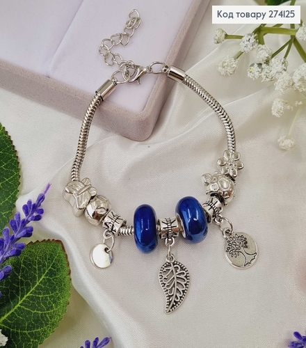 Браслет под Пандору, серебряного цвета с синими бусинами, 15,5см+4см 274125 фото 1