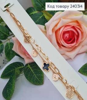 Браслет двойной, золотого цвета, черный. эмалью и королевой 17,5+4см сталь StainlessSteel 240314 фото