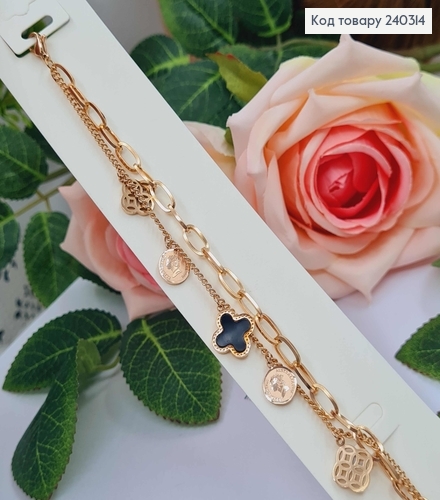 Браслет двойной, золотого цвета, черный. эмалью и королевой 17,5+4см сталь StainlessSteel 240314 фото 1