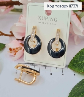 Серьги с Кругом Черного цвета и камешками, длина 2,3см, англ застежка, XUPING 18K 117371 фото