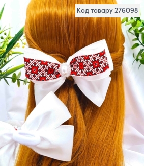 Бант БЕЛЫЙ с Красным орнаментом, на резинке, ткань атлас, размер 13*7см, ручная работа, Украина. 276098 фото
