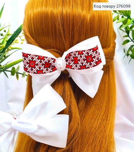 Бант БЕЛЫЙ с Красным орнаментом, на резинке, ткань атлас, размер 13*7см, ручная работа, Украина. 276098 фото 1