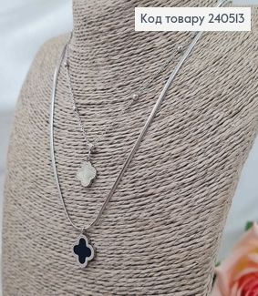 Цепочка двойная, серебряного цвета, с подвесками "Van Cleef", 38+5см, сталь Stainless Steel 240513 фото