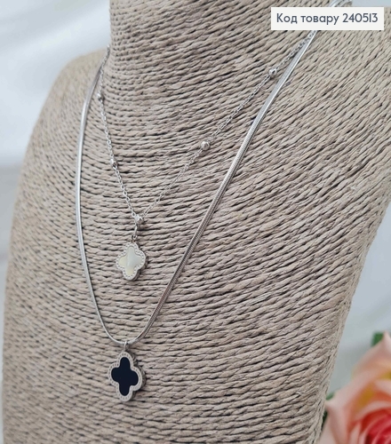 Цепочка двойная, серебряного цвета, с подвесками "Van Cleef", 38+5см, сталь Stainless Steel 240513 фото 1