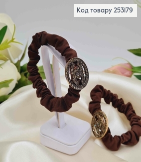 Резинка жатка 6см, Коричневого кольору, з квадратною пластинкою "Шанель" з камінцями 253179 фото