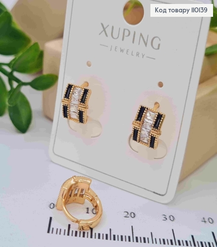 Серьги кольца с Черной эмалью Блестящими камешками, диаметр 1см, Xuping 18К 110139 фото 2