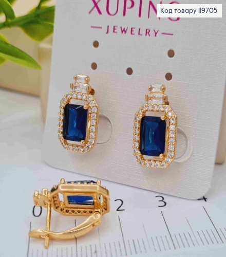 Серьги с изысканным темно-синим камнем в оправе из камней, дл. 1,7см, англ. застежка, Xuping 18К 119705 фото 2