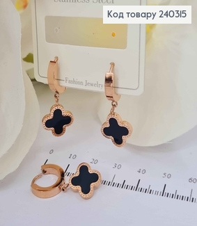 Серьги кольца, с подвеской четырехлистник с черной эмалью, сталь Stainless Steel 240315 фото