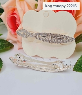 Заколка Автомат, ОВАЛЬНЫЙ УДЛИННЫЙ серебряного цвета в камнях и большим камнем, 8см 222116 фото