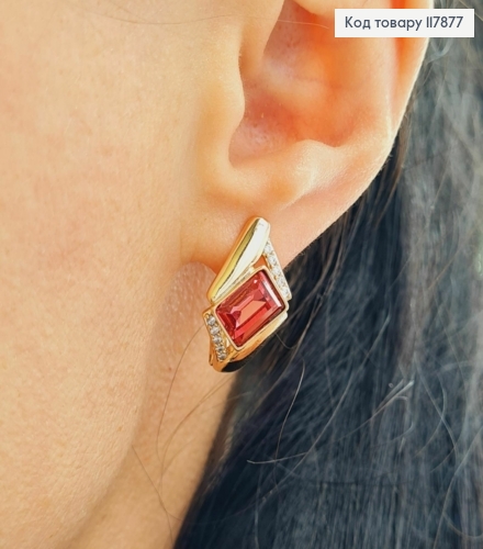 Серьги "АннеТ" с Красным камешком сваровски, длина 2см, англ застежка, Xuping 18K 117877 фото 2