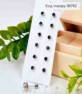 Набор: Серьги родованные гвозди Черный камень (6пар), 0,3см, Xuping 181782 фото