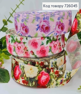 Лента репсовая, с принтом "Весенние Цветы" (в ассорт.), ширина 2,5см, длина 25 ярдов(23м) 726045 фото