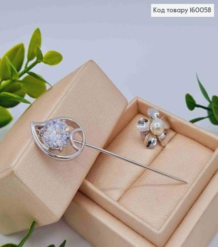 Брошка родована "Квітка з Листочком" з Блискучим каменем та Перлинкою, 6,5см, Xuping 160058 фото 2