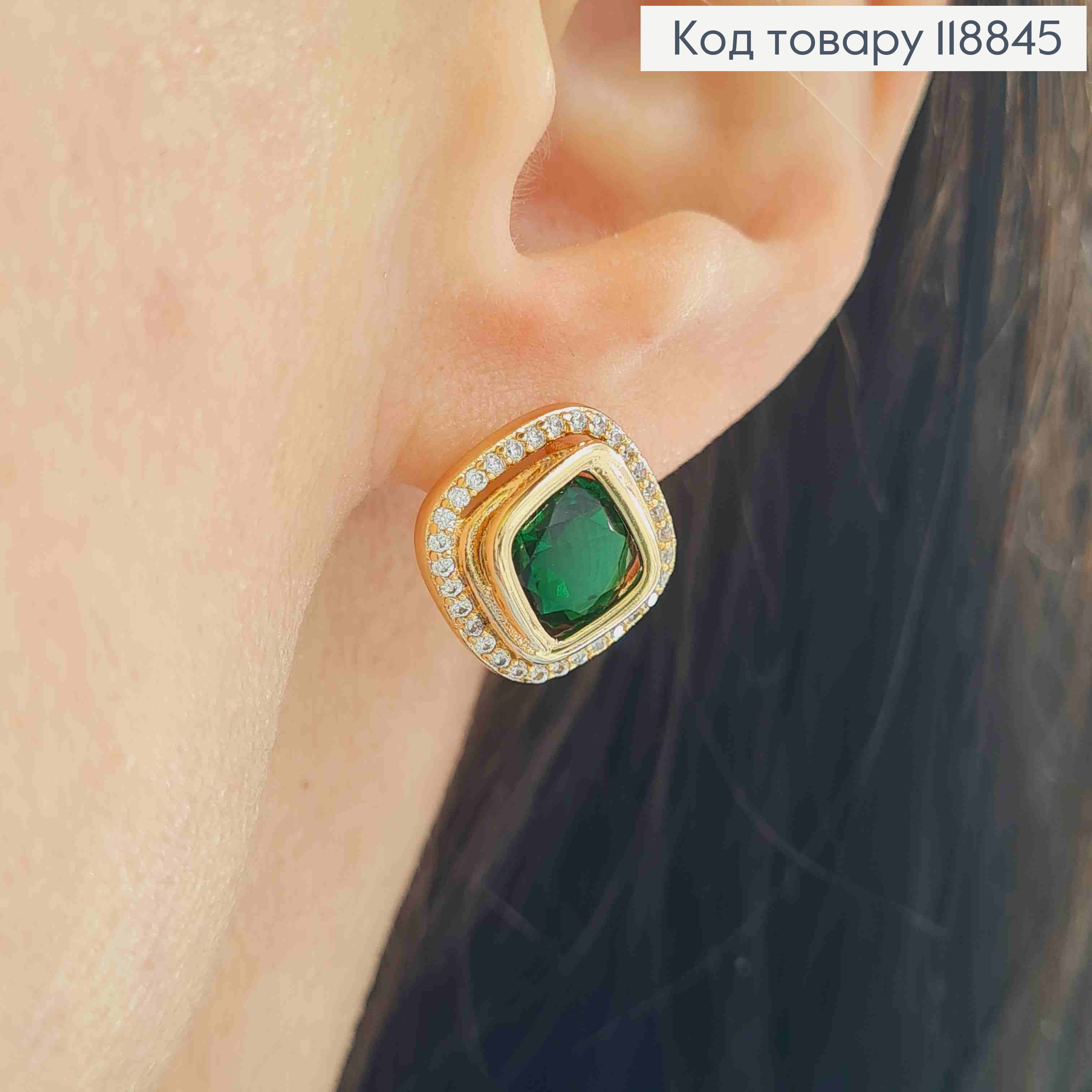 Сережки "Очі Сфінкса" з Зеленим каменем в оправі з камінців, 1,4см, англ. застібка, Xuping 18К 118845 фото 3