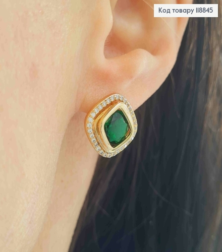Серьги "Глаза Сфинкса" с Зеленым камнем в оправе из камешков, 1,4см, англ. застежка, Xuping 18К 118845 фото 3