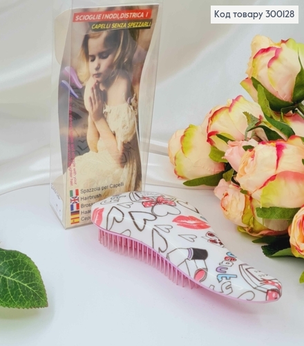 Щетка для волос, Spazzola (тангл тизер), Розовая с сердечками, маленькая(15*6), качественный Китай 300128 фото 1