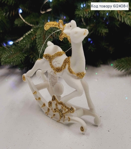 Новорічна фігура ОЛЕНЬ НА САНЯХ, бархат, колір БІЛИЙ+ЗОЛОТО, 10*9см, Україна 612408-1 фото 1