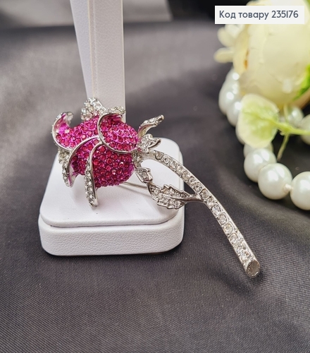 Брошка метал Роза Алая серебро с камушками 7х2,5см 235176 фото 2