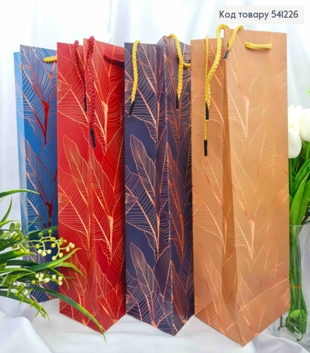 Пакет паперовий для пляшки з тисненням "Листя", 38*11*11см, в асортименті 541226 фото 1