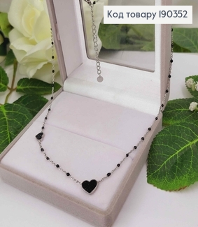 Цепочка родованная, с черными бусинками, с сердечками в черных камнях, длина 45+5см, Xuping 190352 фото