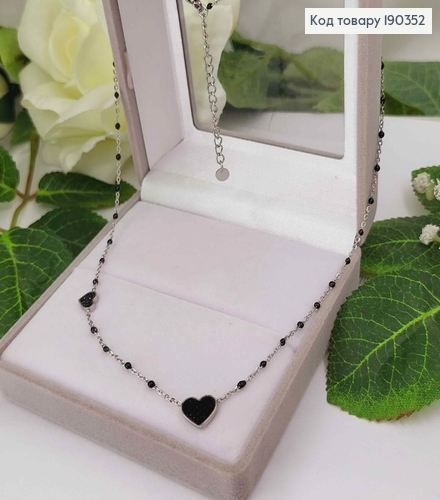 Цепочка родованная, с черными бусинками, с сердечками в черных камнях, длина 45+5см, Xuping 190352 фото 1