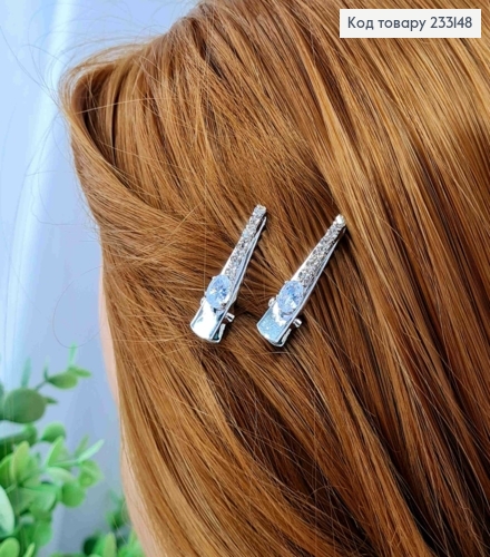 Набор заколка стрела (2шт), с овальным камнем и камешками в один ряд, 3см, серебряного цвета. 233148 фото 2