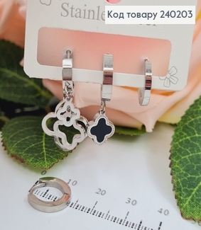 Набор серьги кольца + гвоздик "Van Cleef" с черной эмалью, серебряного цвета, сталь Stainless Steel 260031 фото