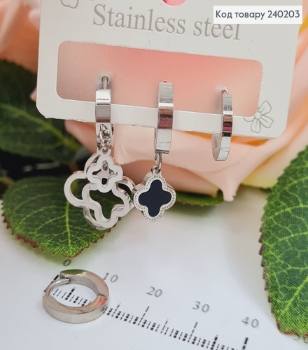 Набор серьги кольца + гвоздик "Van Cleef" с черной эмалью, серебряного цвета, сталь Stainless Steel 260031 фото 1